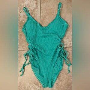 Hurley Teal Textured Wave Scrunch Side Ruching Open Back One Piece - Size S